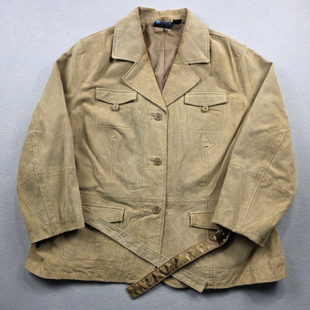 Relativity Tan Genuine Leather Suede Belted Safari Jacket Womens 2X Utility Coat